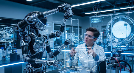 Young man scientist working with futuristic robot in laboratory. 3D renderingの素材