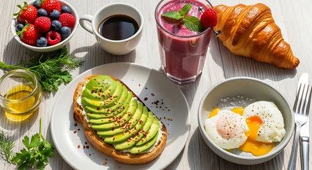 Healthy breakfast. Toast with avocado, poached egg, berries, coffee and croissant on a white wooden tableの素材