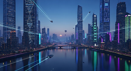 Cityscape of Shanghai at night, China. 3D rendering.の素材