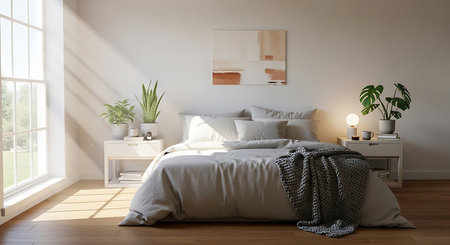 Interior of modern bedroom with white walls, wooden floor and comfortable king size bed with gray blanket. 3d renderの素材