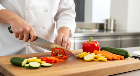 Chef cutting vegetables on a wooden board in the kitchen at homeの素材