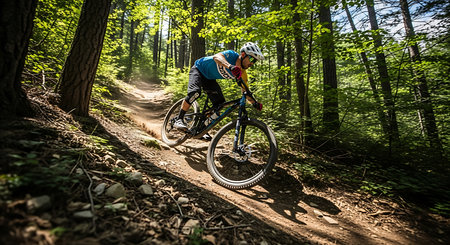 Cyclist Riding the Bike on the Trail in the Beautiful Summer Forest.の素材