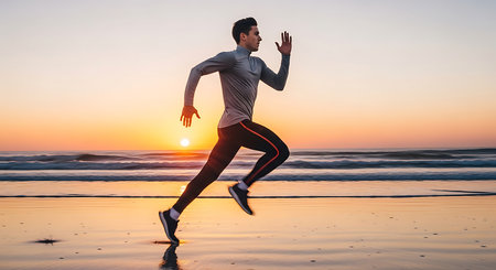 Young man running on the beach at sunrise. Healthy lifestyle and fitness concept.の素材