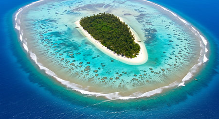 Aerial view of a small uninhabited island in the Maldives.の素材