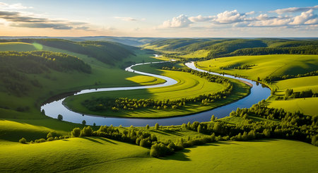 Aerial view of the river and green fields at sunset. Beautiful summer landscape.の素材