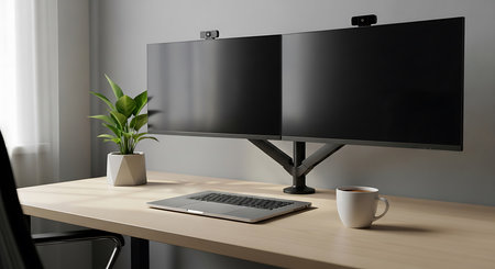 Close up of modern workplace with blank screen computer monitor, coffee cup and plant on wooden table. Mock up, 3D Renderingの素材