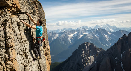 Male climber climbing on a rocky wall in the Alps, Italyの素材