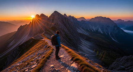 Hiker on the top of the mountain at sunrise. Panoramaの素材