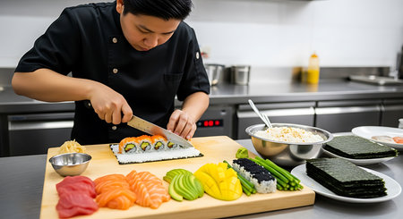 Japanese chef preparing sashimi and sushi rolls in the kitchen.の素材