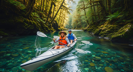 Couple kayaking in green forest. Man and woman paddling a kayak on a mountain riverの素材