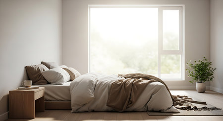 Interior of a modern bedroom with a bed. 3d renderの素材