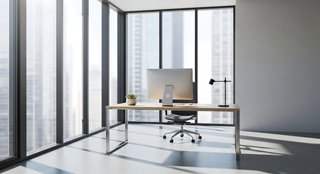 Interior of modern office with white walls, concrete floor, computer on desk and window with blurry cityscape. 3d renderingの素材