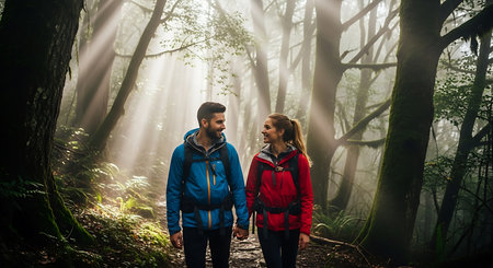 Couple of hikers walking through the forest. Man and woman in a red jacket.の素材