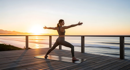 Young woman practicing yoga at sunrise on a wooden terrace by the seaの素材