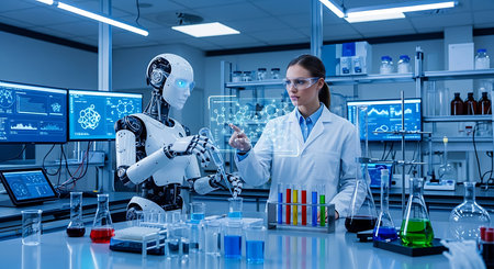 Female scientist in white coat and glasses working with modern robot in laboratoryの素材