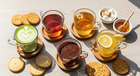 Different types of tea with lemon, honey and cookies on wooden tableの素材