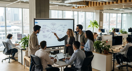 Group of diverse business people working together in modern office. Multiethnic group of business people in smart casual wear working together in creative office.の素材
