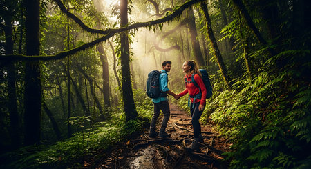 Couple of hikers with backpacks walking on a trail in the forestの素材