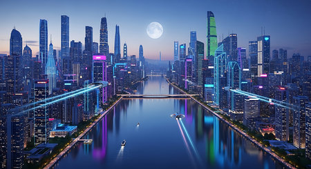 Cityscape of Shanghai at night, China. 3D rendering.の素材