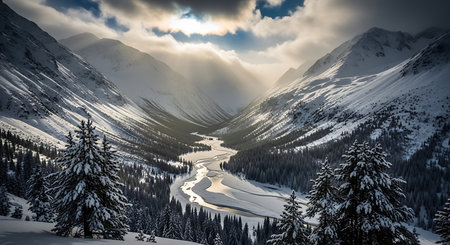 Snowy winter mountains panorama with river and coniferous forestの素材