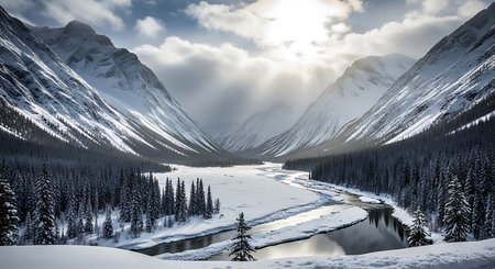 Snowy mountains and river in winter,Canadian Rockies, Alberta, Canadaの素材