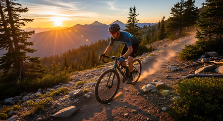 Cyclist Riding the Bike on Rocky Mountain Trail at Sunset. Extreme Sport Concept.の素材