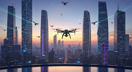 Quadcopter flying over the city at sunset. 3d renderingの素材