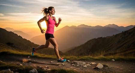 Young woman running in the mountains at sunset. Healthy lifestyle and fitness concept.の素材