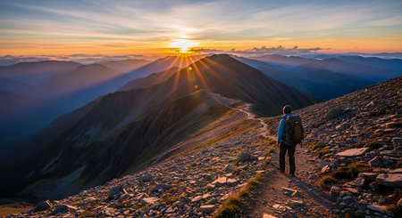 Hiker at the top of the mountain at sunset. Sunrise in the mountains.の素材