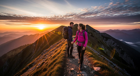 Couple hiking in the mountains at sunset. Couple hiking in the mountains.の素材