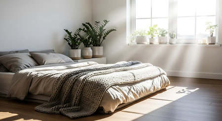 Modern bedroom interior in scandinavian style. 3d renderの素材