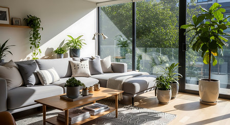Modern living room interior with a sofa, coffee table and plants. Nobody insideの素材
