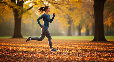 Young woman running in autumn park. Fitness and healthy lifestyle concept.の素材