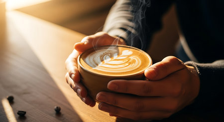 Hands holding a cup of hot coffee latte art on wooden tableの素材