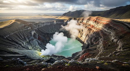 Panoramic view of volcanic crater in Krafla volcano, Icelandの素材