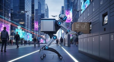 3d rendering of a robot with a monitor in the city.の素材
