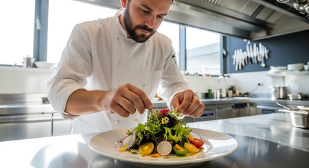 Chef preparing vegetable salad in the kitchen at the hotel or restaurantの素材