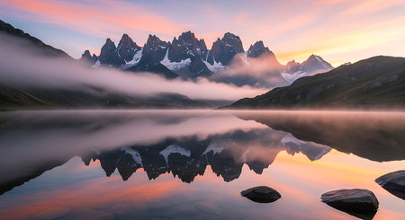 Mount Fitz Roy reflected in the lake, Los Glaciares National Park, Argentinaの素材
