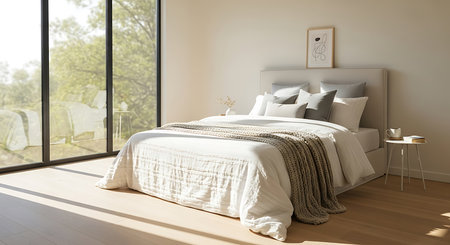 Modern bedroom interior design with white pillows on the bed. 3d renderの素材