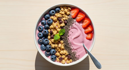 yogurt with strawberry, blueberry and chia seeds in a bowlの素材