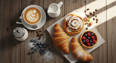 Coffee with croissants and berries on wooden table, top viewの素材