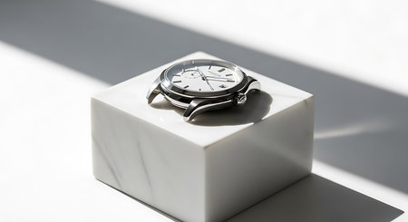 Wristwatch on a white cube with shadow on a white backgroundの素材