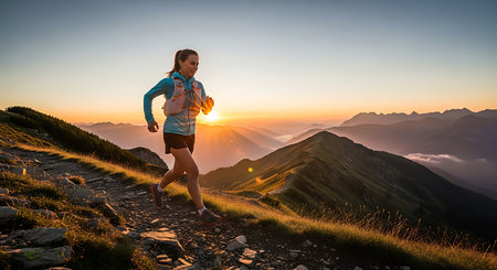 Woman trail runner running on mountain top at beautiful sunrise in summer.の素材