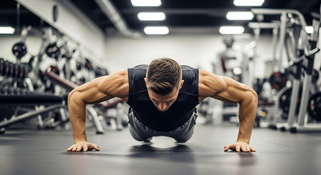 Athletic man doing push-ups in the gym.の素材
