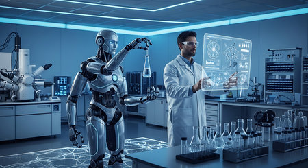 Conceptual image with 3d rendering robot and scientist in laboratoryの素材