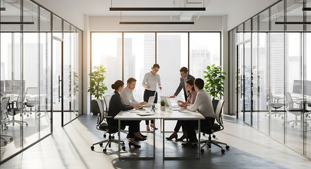 Group of business people having a meeting in modern office with panoramic windowsの素材