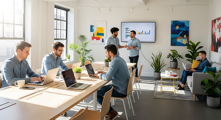 Group of business people in smart casual wear working together in modern office.の素材