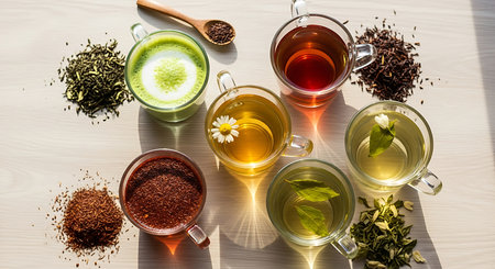 Cup of tea with different kinds of tea leaves on wooden tableの素材