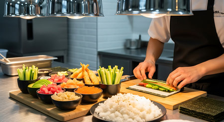 Chef preparing sushi in japanese restaurant kitchen, closeupの素材