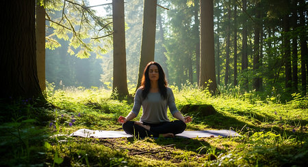 Young woman practicing yoga in the forest on a sunny summer day.の素材